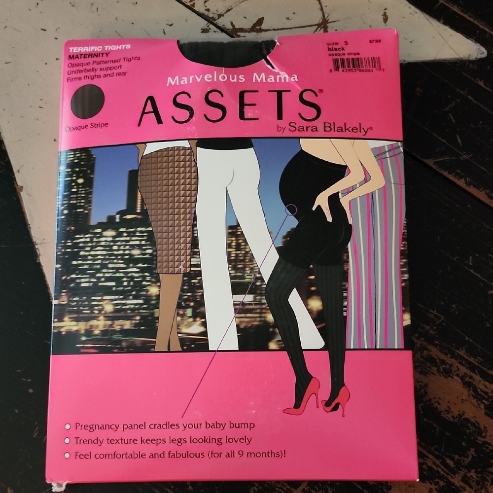 ASSETS by SPANX Maternity Terrific Tights Size 3 Black Opaque Stripe Support NEW